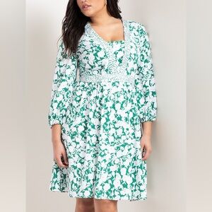 Eloquii Green & White Floral V Neck Midi Dress Lined Wedding Career Plus Size 24